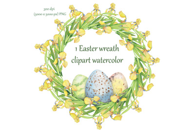 Easter wreath with yellow flowers irises and eggs, watercolor