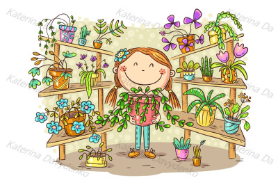 Girl in the greenhouse with her plant collection