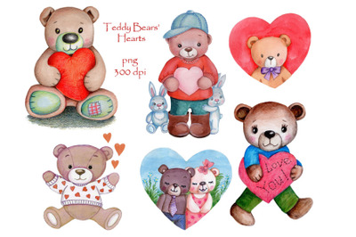 Teddy Bears&#039; Hearts. Watercolor illustrations.