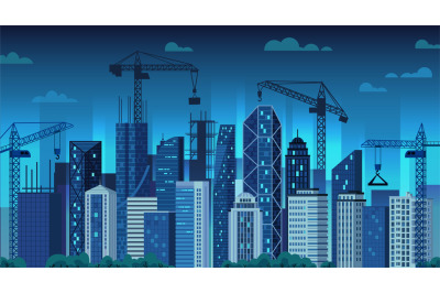 Urban development. Night construction cranes, modern city building and