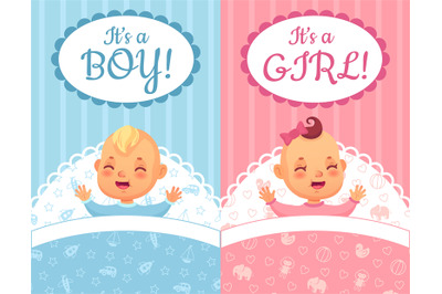 Baby shower cards. Its a Boy and Girl label&2C; cute baby cartoon vector