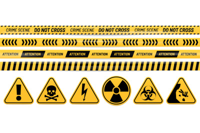 Danger ribbon and sign. Attention, poison, high voltage, radiation, bi