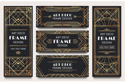 Golden art deco banner frames. Geometric gold lines frame&2C; luxury deco