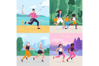 Cartoon running workout. Runner run outdoor at park fitness track, ath