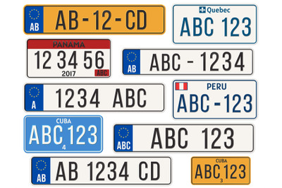 Car license plate. EU countries car number plates. Cuba, Panama, Peru
