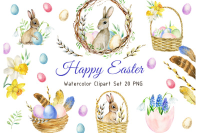 Handpainted watercolor easter spring set: eggs, rabbits, baskets, feat