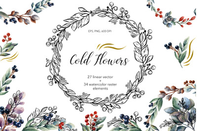 Cold Flowers - Vector &amp; Watercolor Clip Art Set