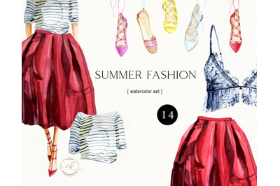 Watercolor Summer Fashion Clipart. Bridal Shower Clipart. Red skirt