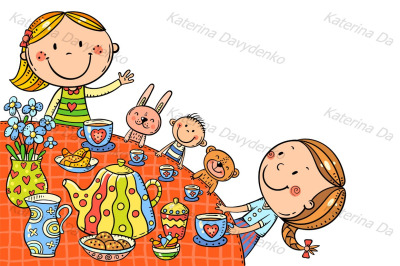 Kids clipart. Girls drinking tea at the table.