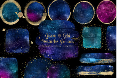 Galaxy and Gold Watercolor Elements