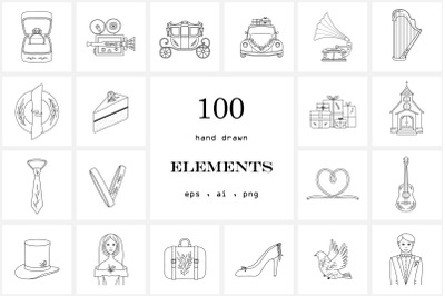 100 Hand Drawn Logo Elements.Wedding icons. Line art