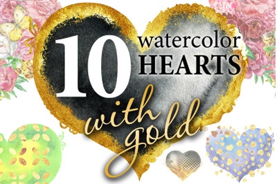 Watercolor hearts with gold