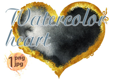 Watercolor textured black heart with gold strokes