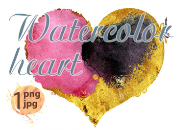 Watercolor pink and black heart with a lace edge with gold strokes