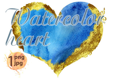 watercolor blue heart with with gold strokes