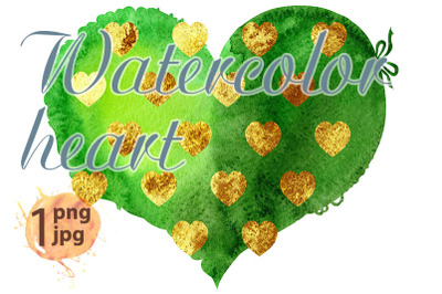watercolor textured green heart with gold strokes