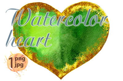 Watercolor textured green heart with gold strokes