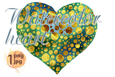 Watercolor dark green heart with gold dots