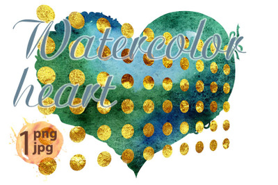 watercolor dark green heart with gold dots