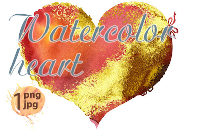 Watercolor textured red heart with gold strokes