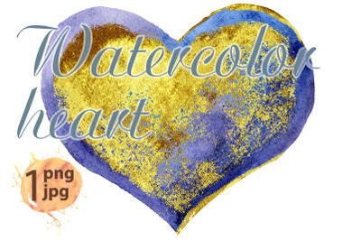 Watercolor textured purple heart with gold strokes
