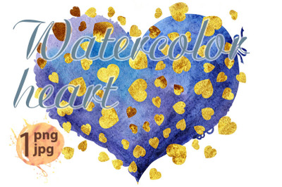 Watercolor purple heart with heart shaped golden dots