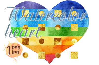 Watercolor textured rainbow heart with gold pattern