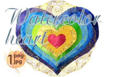 Watercolor textured rainbow heart with gold pattern