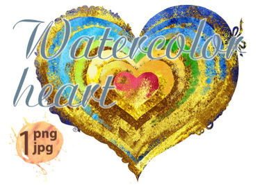 Watercolor textured rainbow heart with gold strokes