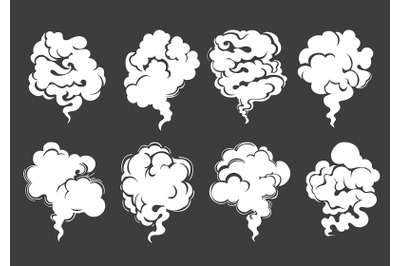 Cartoon White Smoke or Steam Cloud Set on Black Background