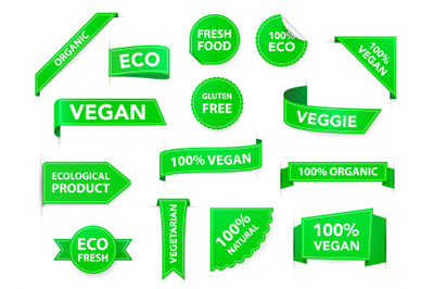 Vegan badges. Eco organic vegetarian tags, vegan health diet labels, v