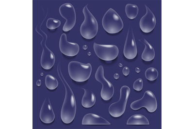 Water drops. Realistic drop of pure water, rain droplets and splashes,