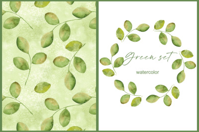 Green simple set. Patterns and wreath