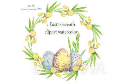 Easter wreath with yellow flowers irises and eggs