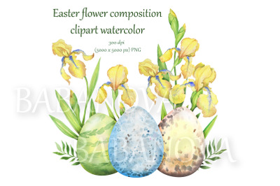 Easter floral composition with iris flowers and eggs