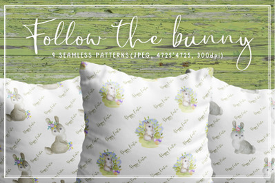 Follow the bunny. Watercolor Easter seamless patterns