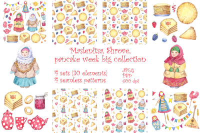 Maslenitsa, Shrove, pancake week big watercolor collection
