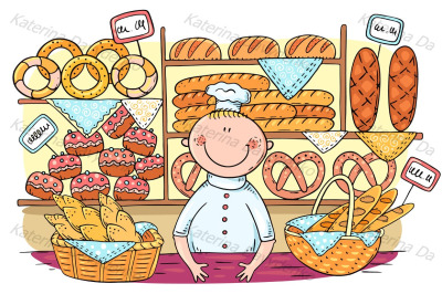 Clipart - Cartoon baker selling bread and buns at the bakery