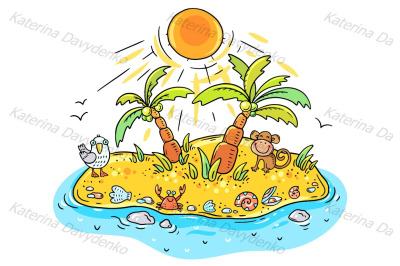 Clipart - small cartoon tropical island with palms and animals