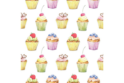 Food, dessert watercolor seamless pattern with cupcakes