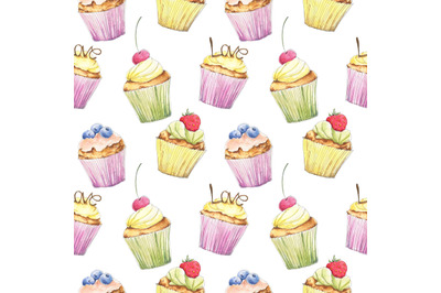 Food, dessert watercolor seamless pattern with cupcakes