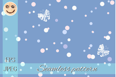 White butterfly pink ink drops on the blue seamless pattern