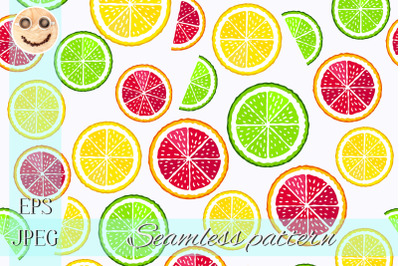 Lime and orange slices on the white seamless pattern