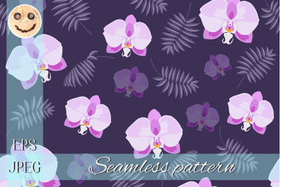 Pink orchid and palm branch on the purple seamless pattern