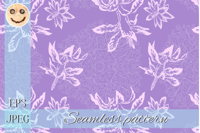 Pink cactus flowers and purple doodles seamless pattern