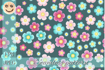 Periwinkle pink turquoise flowers seamless pattern