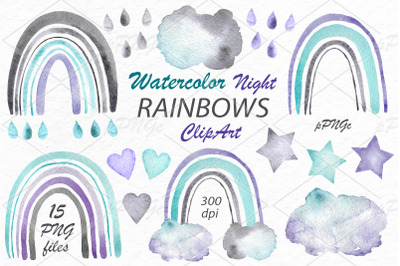 Watercolor Night Rainbows Clipart