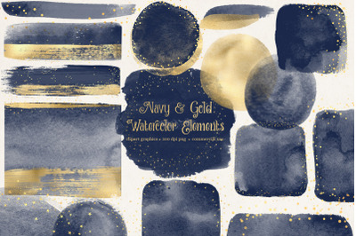 Navy and Gold Watercolor Elements