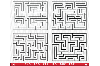 Four black  mazes on a white background