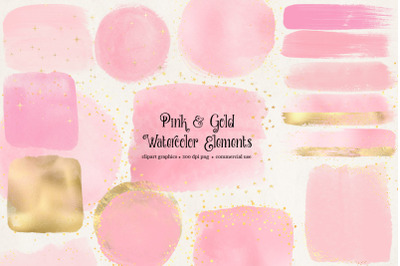 Pink &amp; Gold Watercolor Elements Clipart